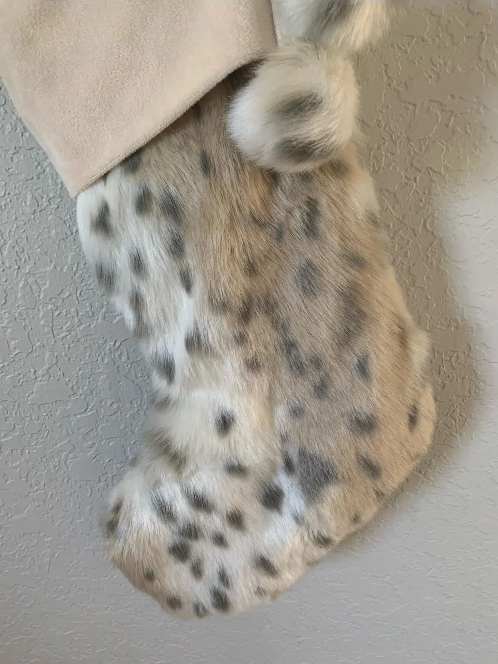 Pottery Barn Teen Faux Fur Holiday Stocking in Cream and Tan Leopard pattern